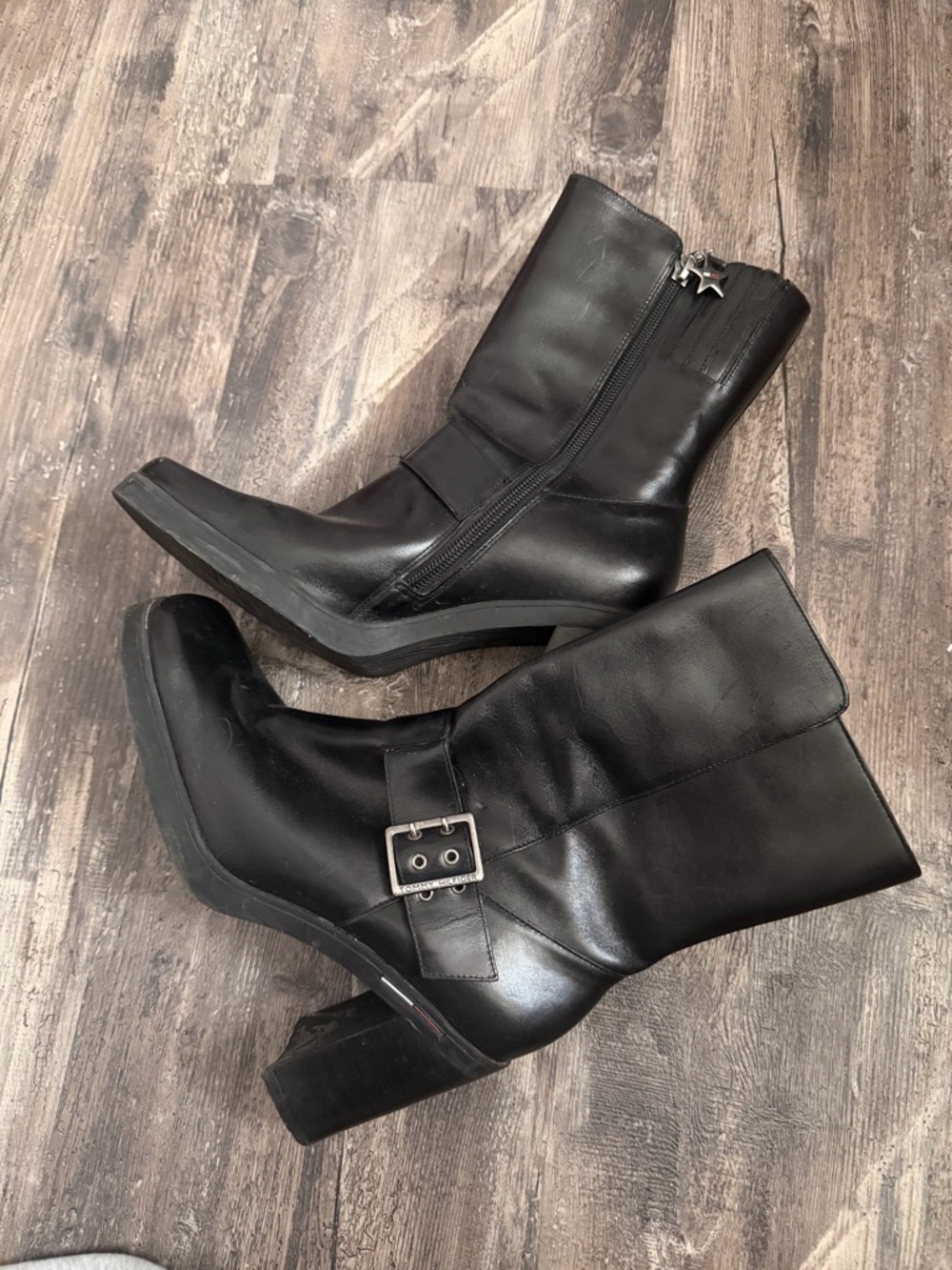 Tommy Hilfiger Black Mid-Calf Heeled Boots with Buckle & Star Zip Pull